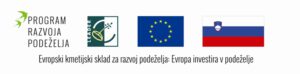 Logotipi evropskega kmetijskega sklada za razvoj podeželja: Evropa investira v podeželje. Evropska in slovenska zastava